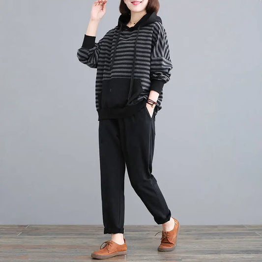 Maxy Spring Casual Loose Striped Hooded 2 Piece Sets Sweatshirt And Harem Pants Tracksuit Oversized 4XL Korean Sweatsuit Women Outfit