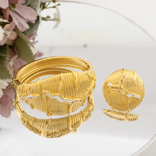 Maxy 18K Gold Color Cuff Bangle with Ring Set Dubai Chunky Bangles Set Luxury Italian African Bracelet Wedding Daily Wear Jewelry