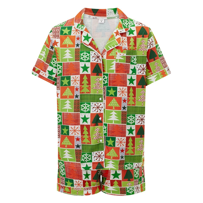 Maxy Christmas Family Pajamas Matching Set Christmas Tree Candy Print Tops and Drawstring Shorts Sleepwear