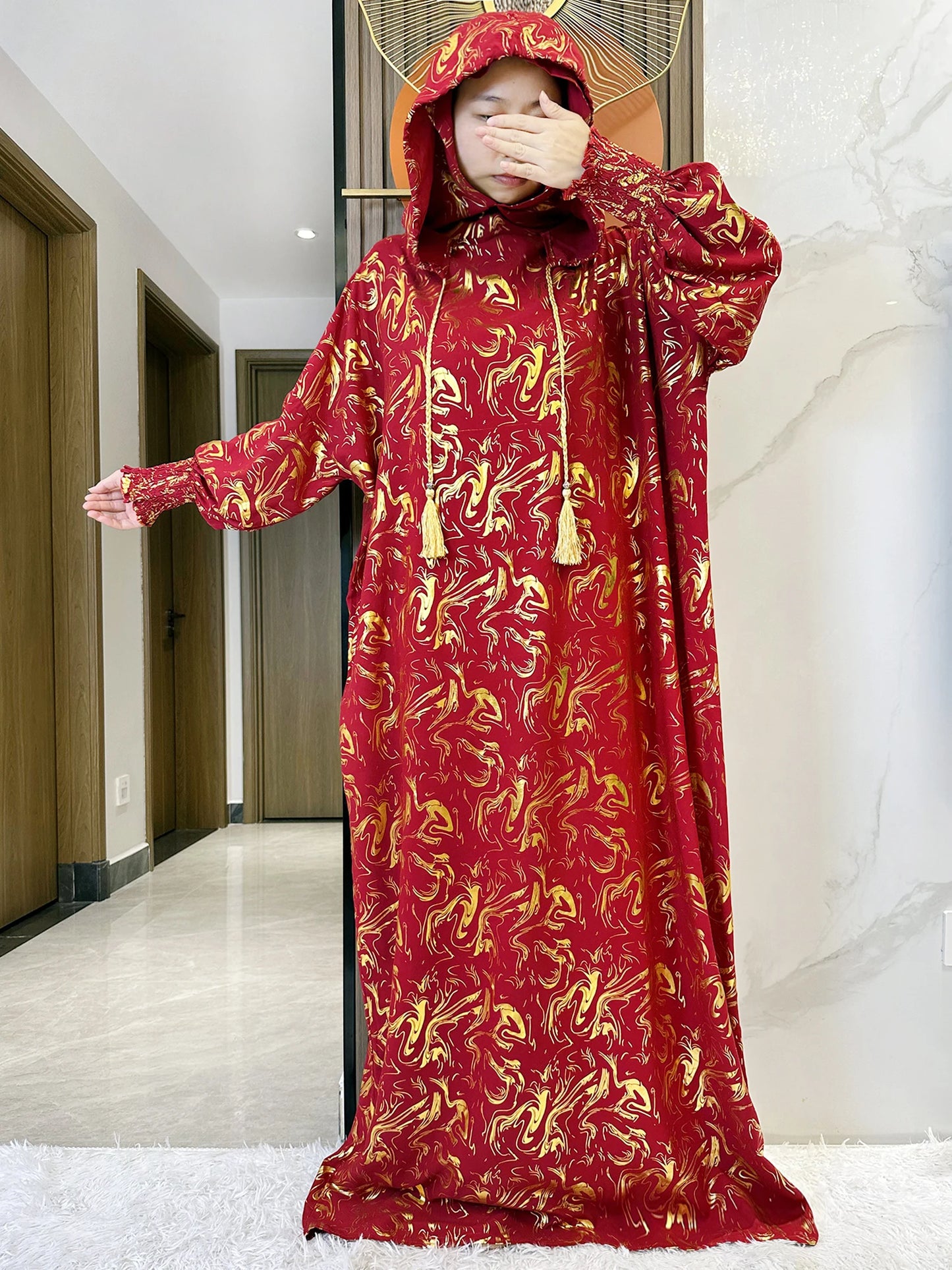 Maxy Fashion Muslim Hijab Long Sleeve Women Eid Hooded Two Hats Cotton Loose Dress Dubai Islamic Arab Robe African Abaya Clothes