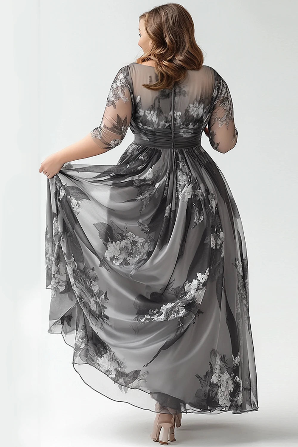 Maxy Fly curvy Plus Size Mother of The Bride Dark Grey Organza Wrap Floral Print Maxy Dress