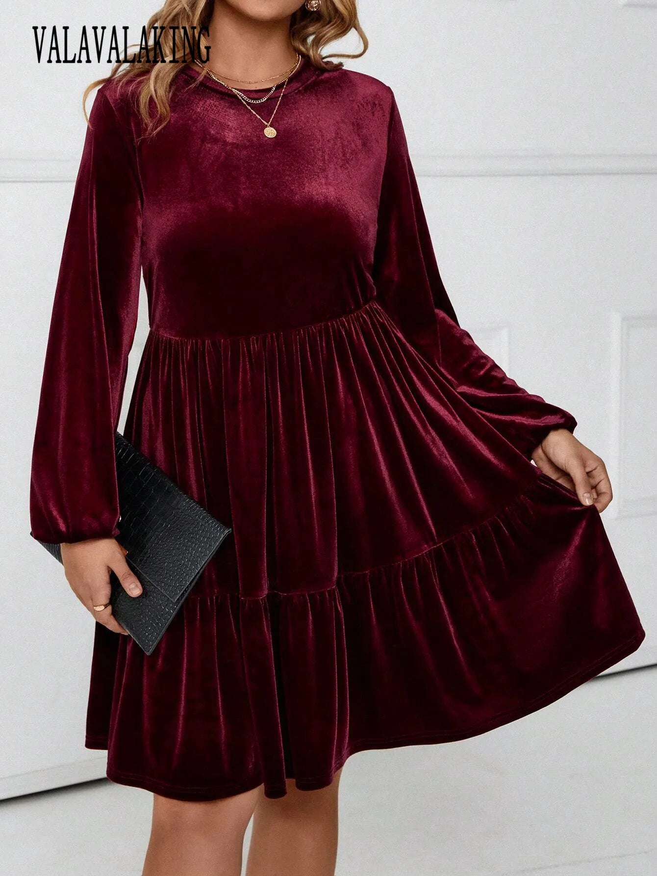 Maxy Winter Wine Red Velvet Plus Size Dress Women O-Neck Long Sleeve Mini Dress Ladies Elegant Pleated Short Evening Party Dress