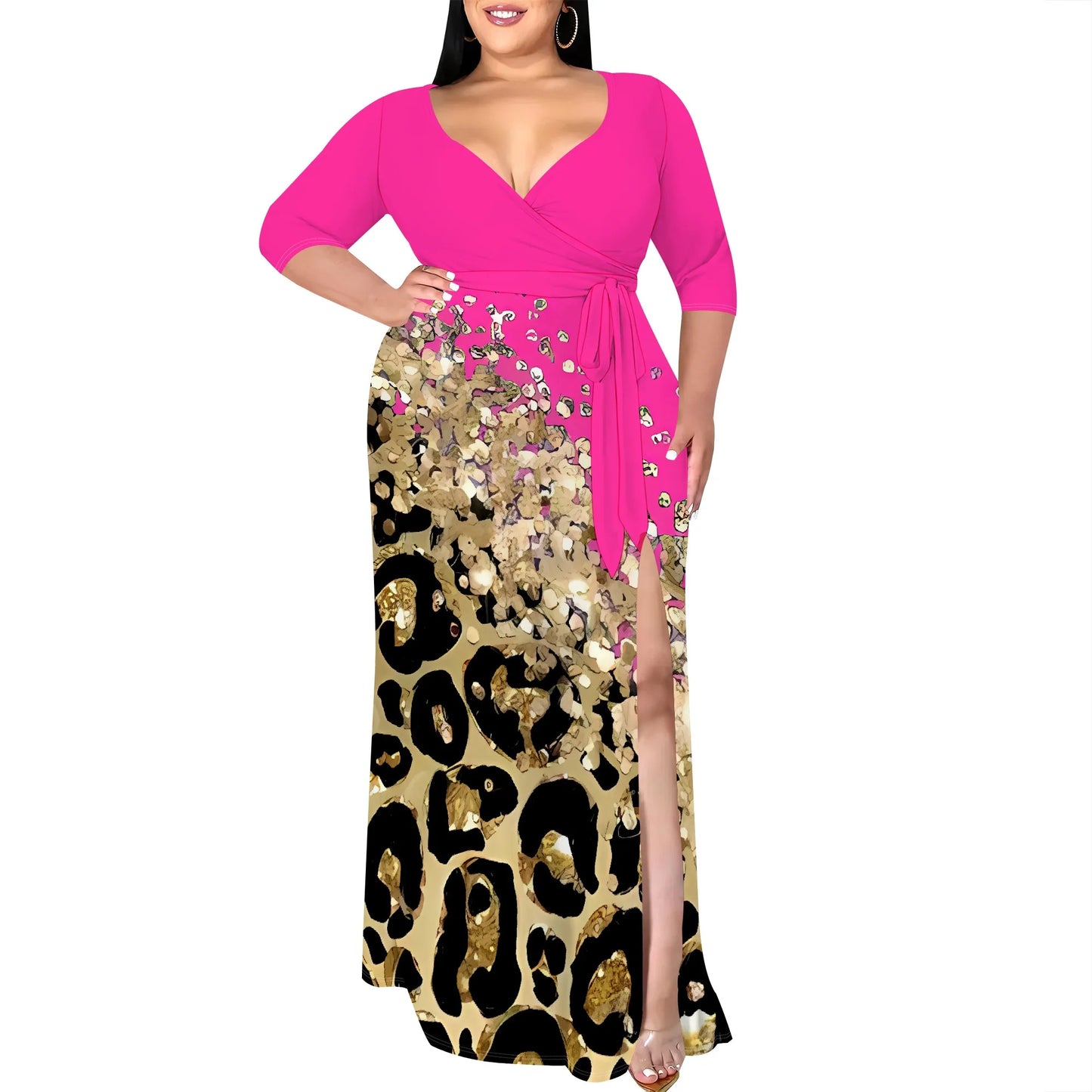 Maxy Plus Size V-Neck Wrap Dress with Gold Leopard Print Split Hem Elegant Party Dress for Women