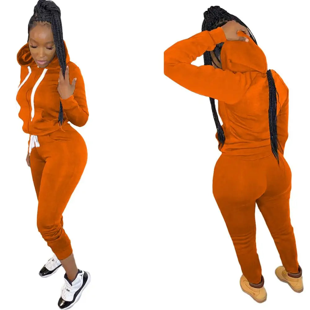 Maxy Fitness Autumn Winter Activewear Two Piece Sets Solid Long Sleeve Drawstring Hodie Sweatshirt Pants Sets Joggers Sport Tracksuit