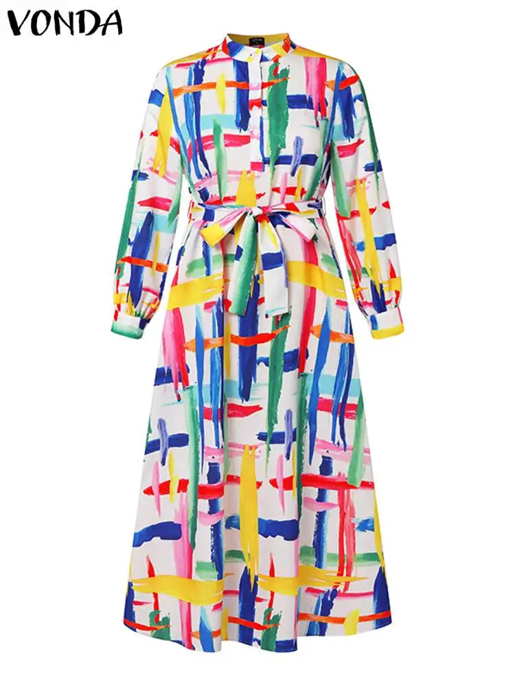 Maxy Plus Size 5XL Bohemian Long Sleeve Vintage Shirt Dress Women Stand Collar Printed Midi Vestido Casual Sundress Belted