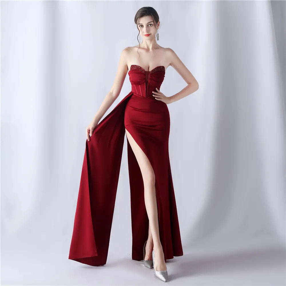 Maxy Stripless High Slit Backless Shaped Fishbone Waist Covering Heavy Industry Beaded High-End Long Prom Evening Dress