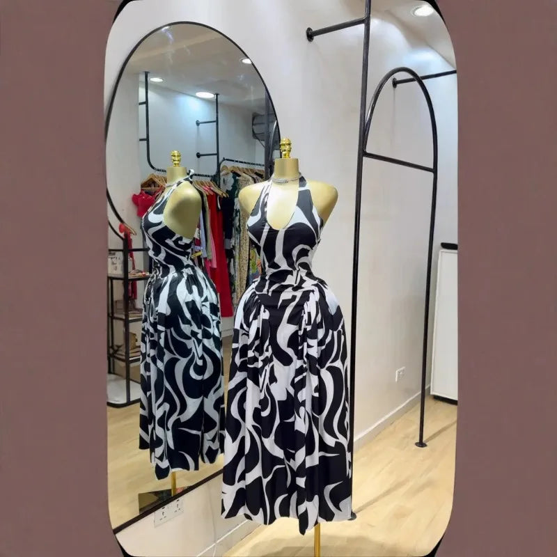 Maxy Women V-neck Sleeveless Halter Print Midi Dress Backless Elegant Birthday Beach Party Vestidos Big Swing Dresses