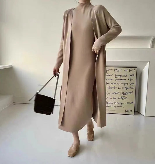 Maxy New Vintage 2 Piece Sets Women Outfit Autumn Winter Knit Long Sleeve Long Cardigan Coat + Half High Collar Camisole Dress Suit