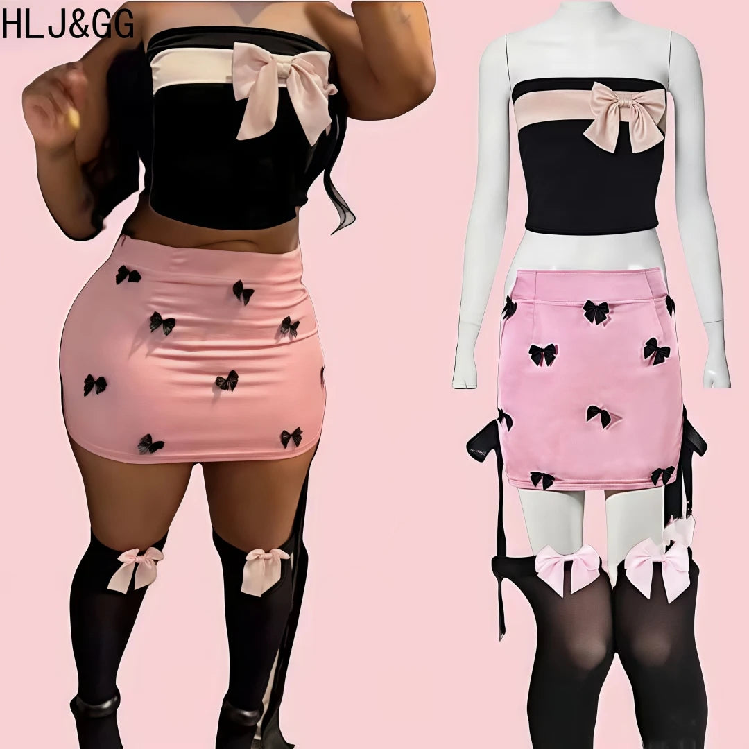 Maxy HLJ&GG Y2K Pink Fashion Bow Design Two Piece Sets For Women Sleeveless Backless Slim Tube + Mini Skirts Outfits Female Clothing