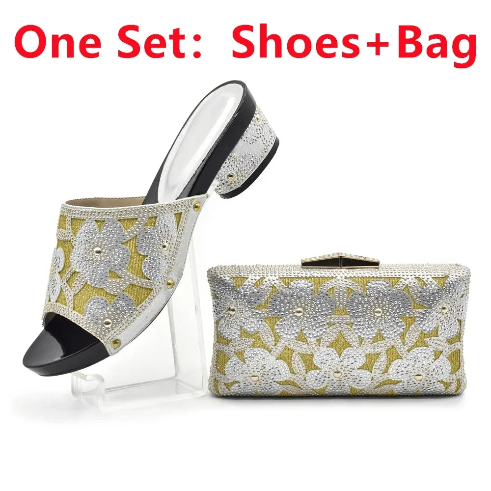 Maxy Silver African Matching Shoes and Bags Italian In Women Italian Shoes and Bags To Match Shoes with Bag Set Decorated with Stone