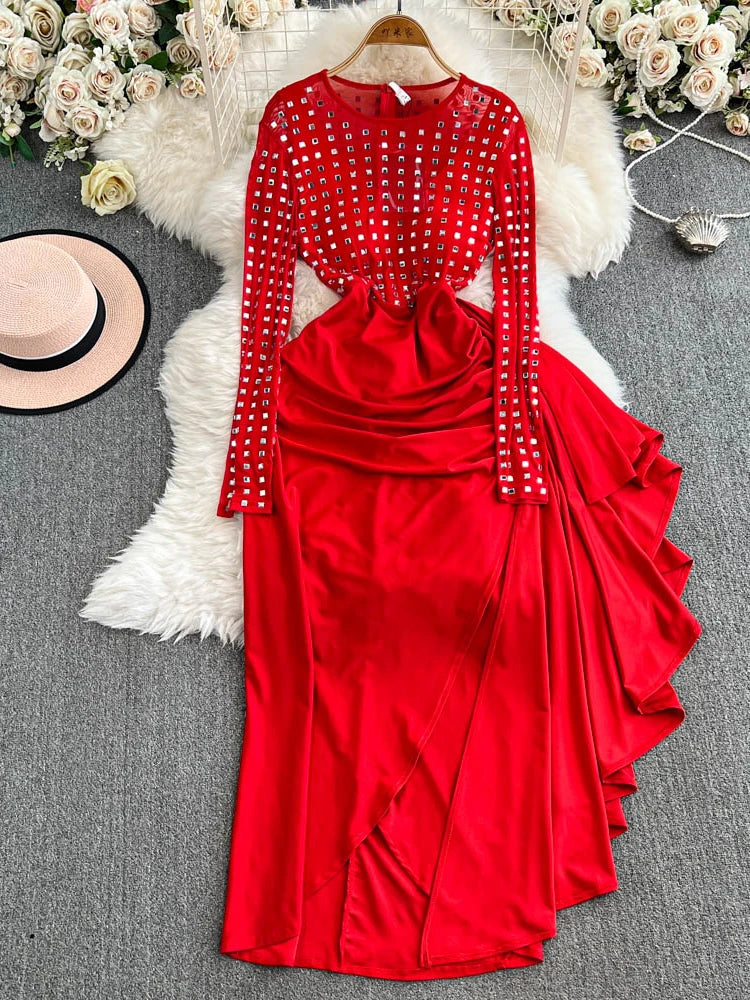 Maxy Elegant Sequin Mesh Irregular Flounce Dress Spring New Women's O-neck Long Sleeves Contrast Color Long Dresses 27X1905