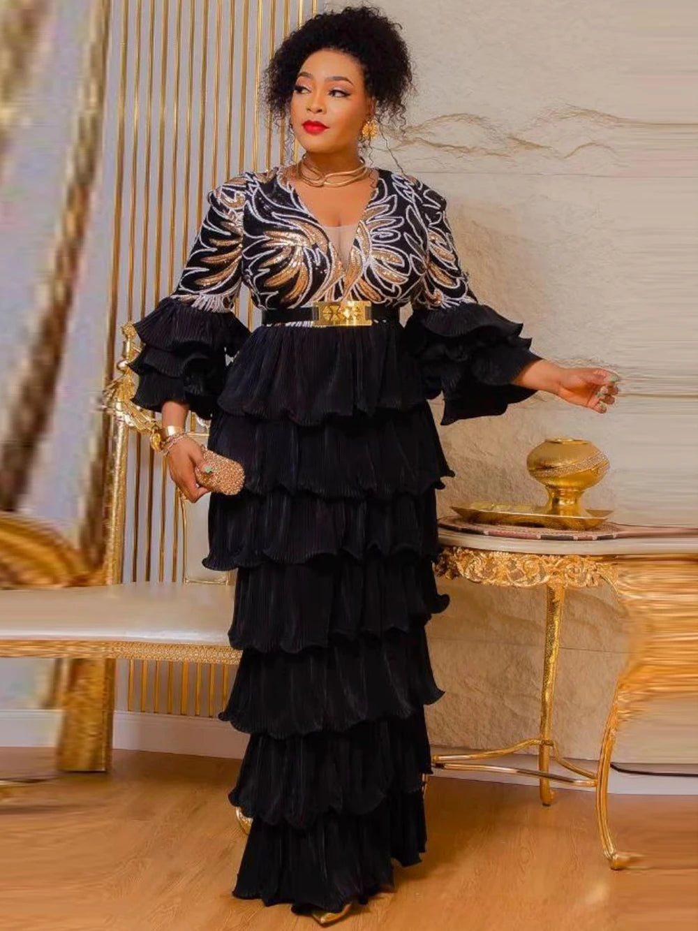 Amay Dresses For Women Luxury Dashiki Sequin Maxy Robes Plus Size Ruffle Long Dress Wedding Party Birthday Evening Clothing