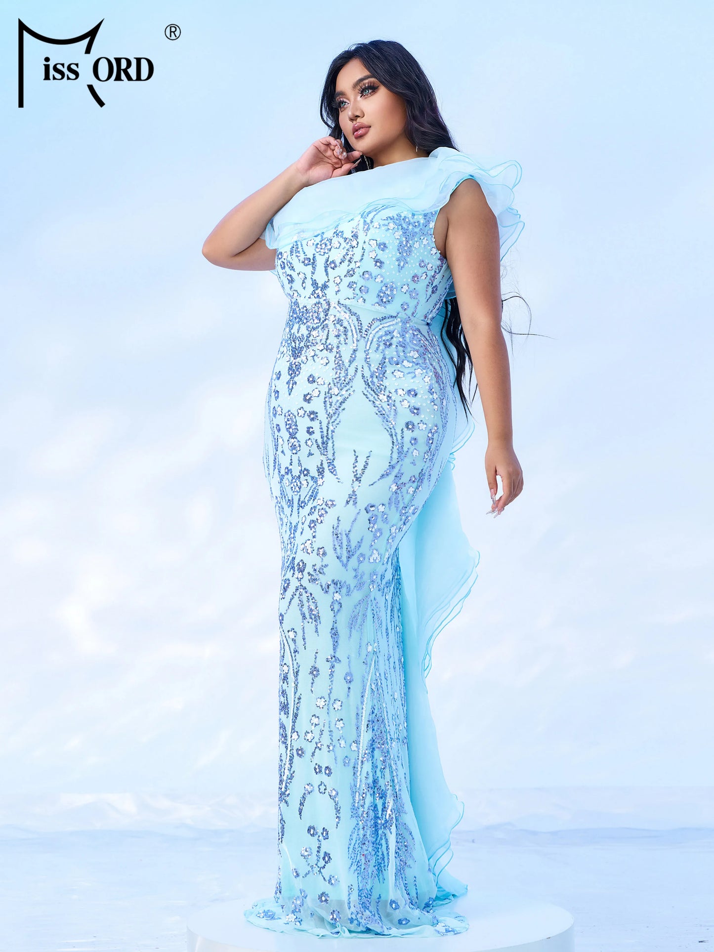 Maxy Blue Plus Size Church Dress Asymmetric Sequin Mermaid Evening Gown Wedding Birthday Party Formal Occasion Dresses