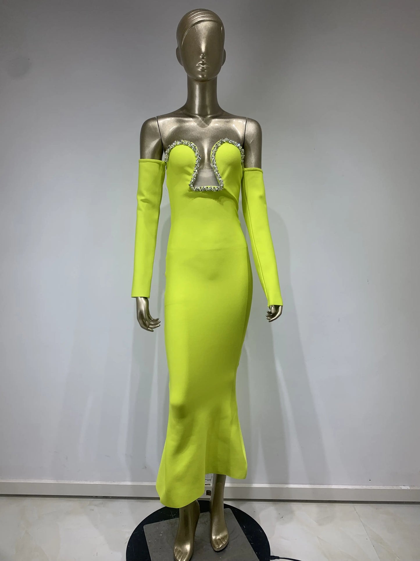 Maxy Neon Bandage Dress Party Evening Elegant Luxury Celebrity Women Off Shoulder Long Sleeve Crystal Long Birthday Gowns