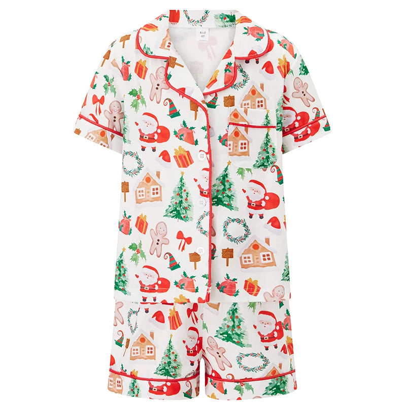 Family Matching Christmas Pajama Set Gingerbread Print Short Sleeve Tops Elastic Waist Shorts