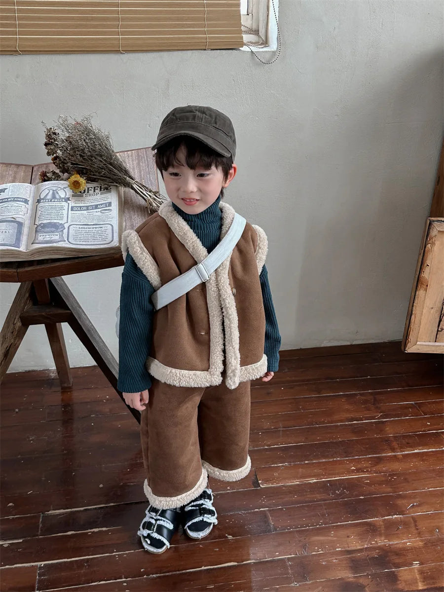 Maxy Children Suits Winter New Lamb Hair Vest Coat Baby Boys Girls Plus Fleece Straight Pants Two-piece Set Korean Simple Style