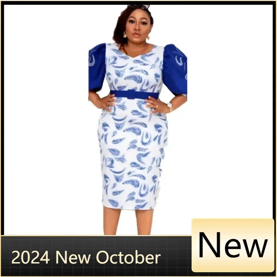 Maxy Hot Sale African and Turkey Style Plus Size Printed Lantern Sleeve Dress For Women