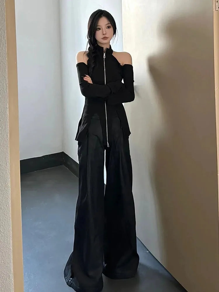 Amay New Stand Collar Zipper Tops Women Off Shoulder Long Sleeve T-shirts Y2k E-Girl Slim Fit Halter Knitted Tee Shirt Sweater