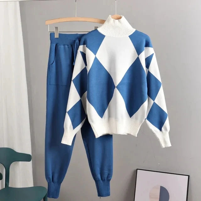Maxy Geometric Argyle Sweater Knit 2 Piece Sets Autumn Women Casual Loose Turtleneck Pullovers Top+Knit Harem Pants Suits Tracksuits