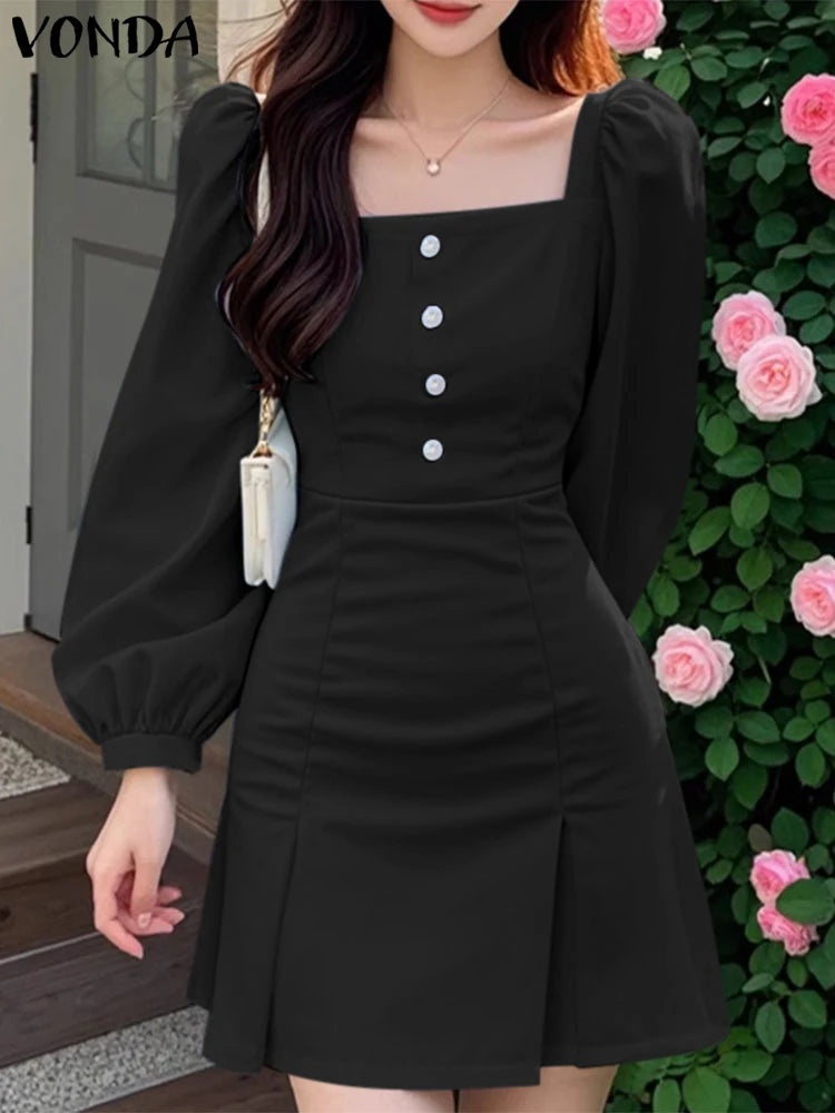 Maxy Casual Solid Color Square Collar Sundress French Style Women Mini Dress Lantern Sleeve Wrap Hip A-Line Robe