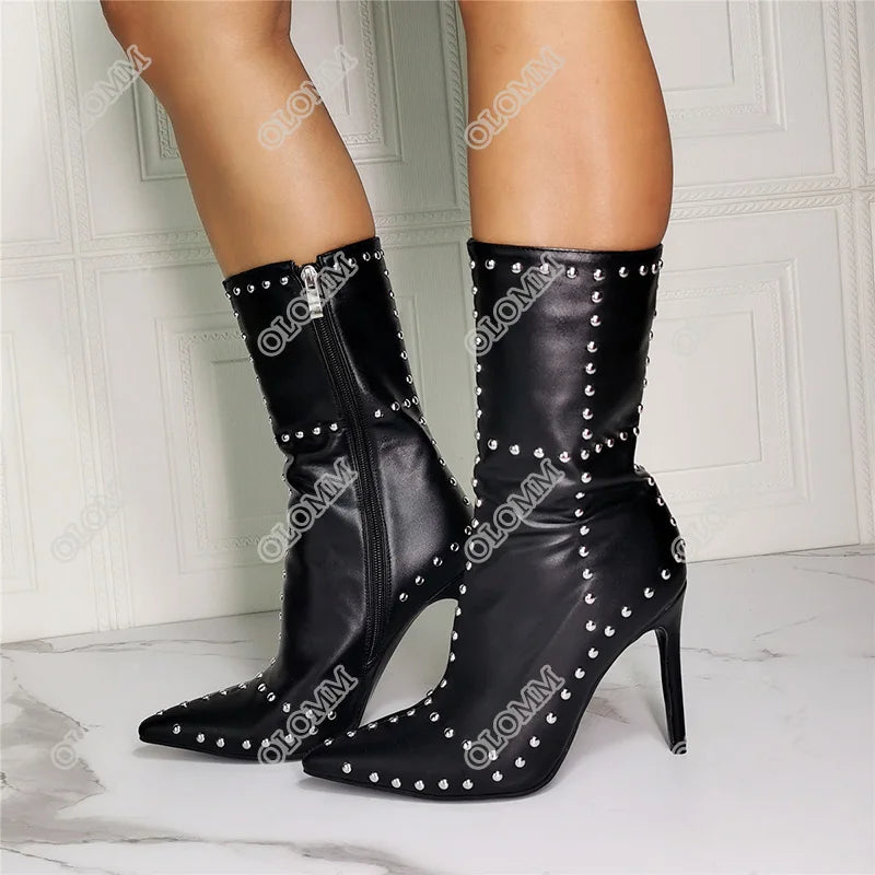 Maxy Women Winter Ankle Boots Studded Stiletto High Heels Pointed Toe Black White Pink Club Wear Shoes Plus US Size 5-15