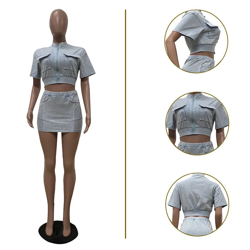 Women Solid Ribbed Patchwork 2 Piece Set Zip-up Short Sleeve Pockets Slim Crop Tops + Bodycon Mini Skirts Casual Streetwear Suit