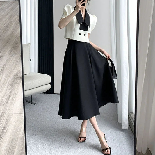 Babs French Elegant Two Piece Sets Vintage Office Lady Puff Sleeve White Crop Top + A Line Black Midi Skirts Suit Retro Summer Outfit