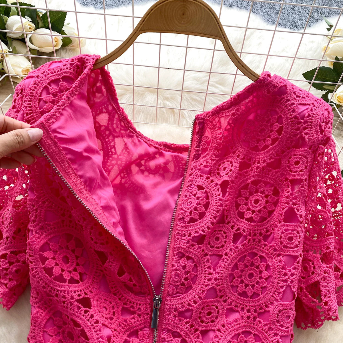 Maxy Sexy Chic Hook flower hollow lace Elegant Korean Fashion Slim Summer vintage Beach dress women clothing