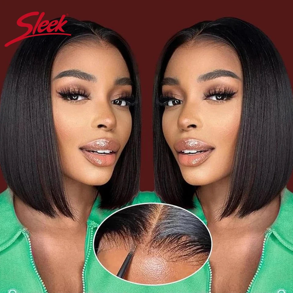 Babs Sleek Remy Brazilian Straight Lace Bob Wigs Short Lace Part Human Hair Wigs 200% Density Cheap Nature Black Dark Human Hair Wigs