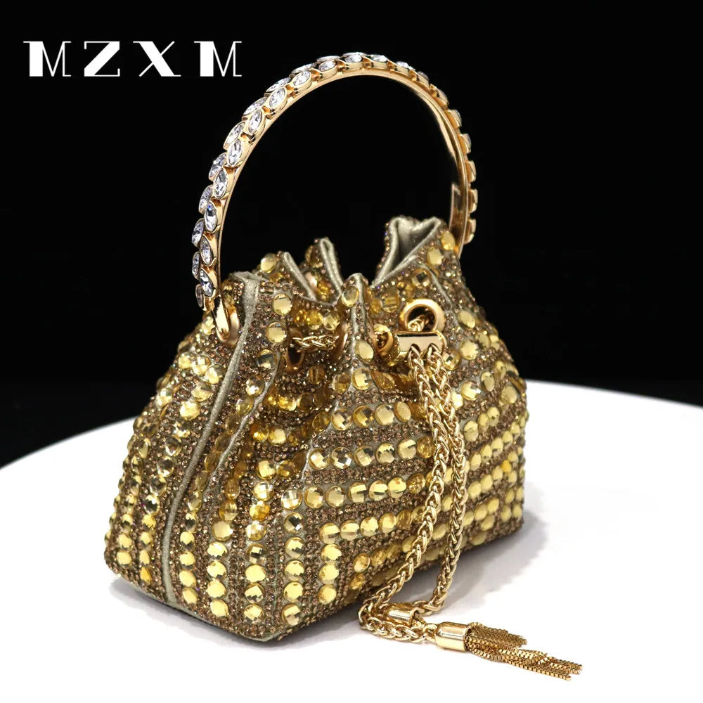 Maxy New Rhinestones Women Evening Bags Bucket Design Party Day Clutch Soft Mixed Color Shoulder Chain Handbags Purse