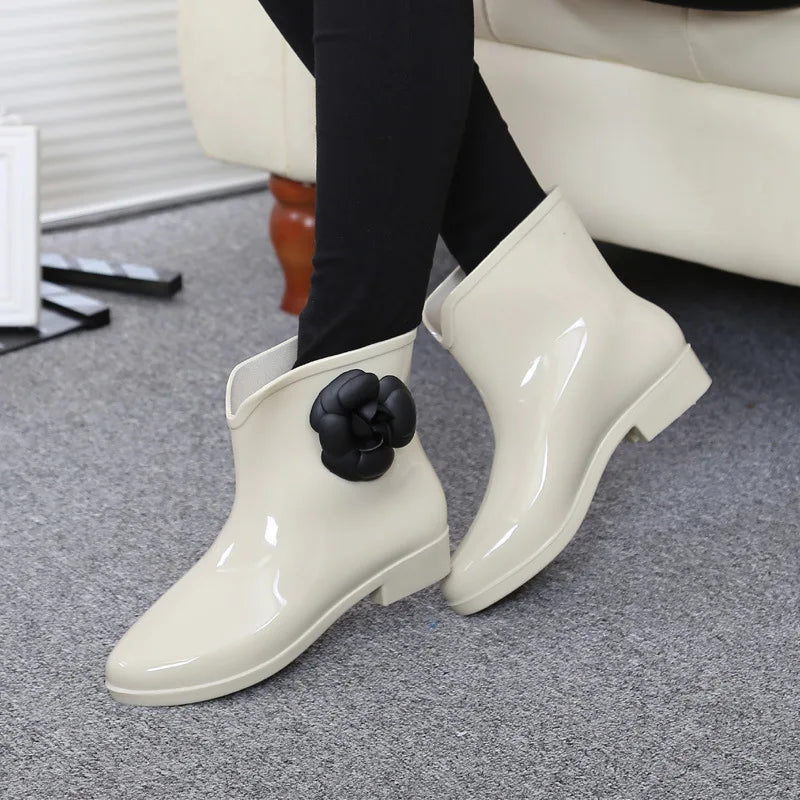 Maxy Women Flower Bowtie Ankle Boot Winter Rain Boots Female Waterproof Solid Rubber Platform Rain Shoes Ladies Footwear