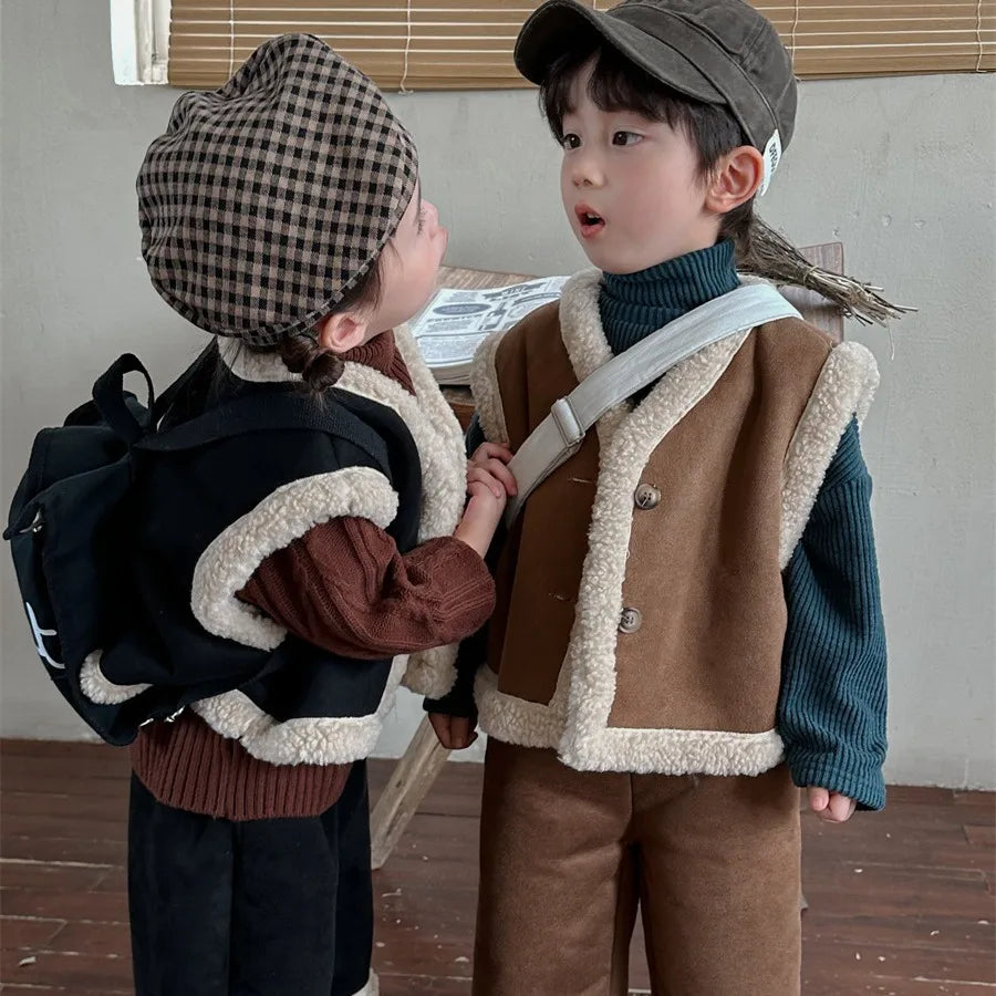 Maxy Children Suits Winter New Lamb Hair Vest Coat Baby Boys Girls Plus Fleece Straight Pants Two-piece Set Korean Simple Style