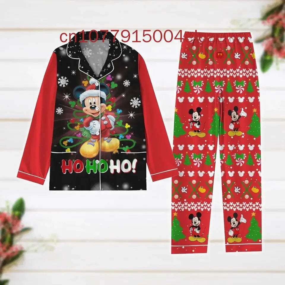 Max New Christmas Mickey Mouse Pajama Set 3D Printed Disney Casual Men's and Women's Long Sleeved Shirt Pajama Set