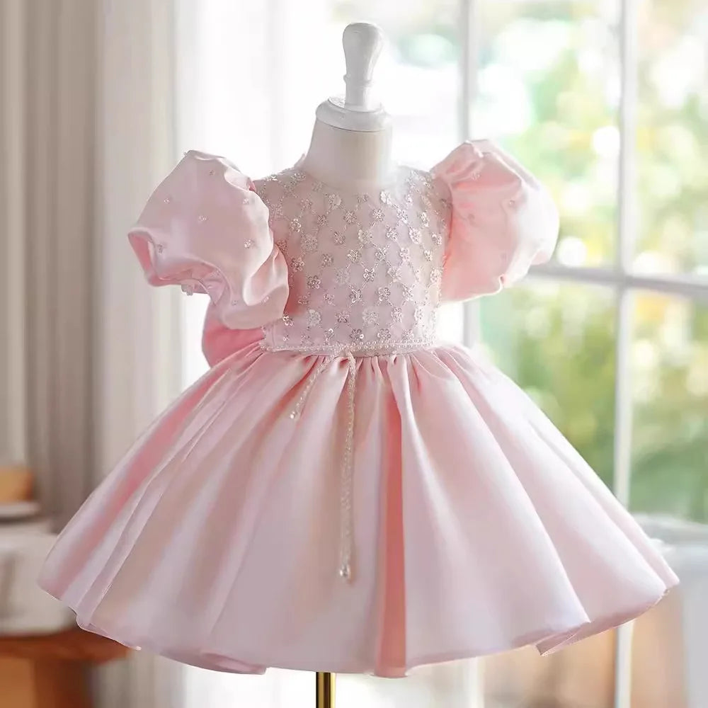 Maxy Princess Satin Beading Short Sleeve Flower Girl Dress Children First Communion Dress Ball Gown Wedding Party Dress Birthday Show