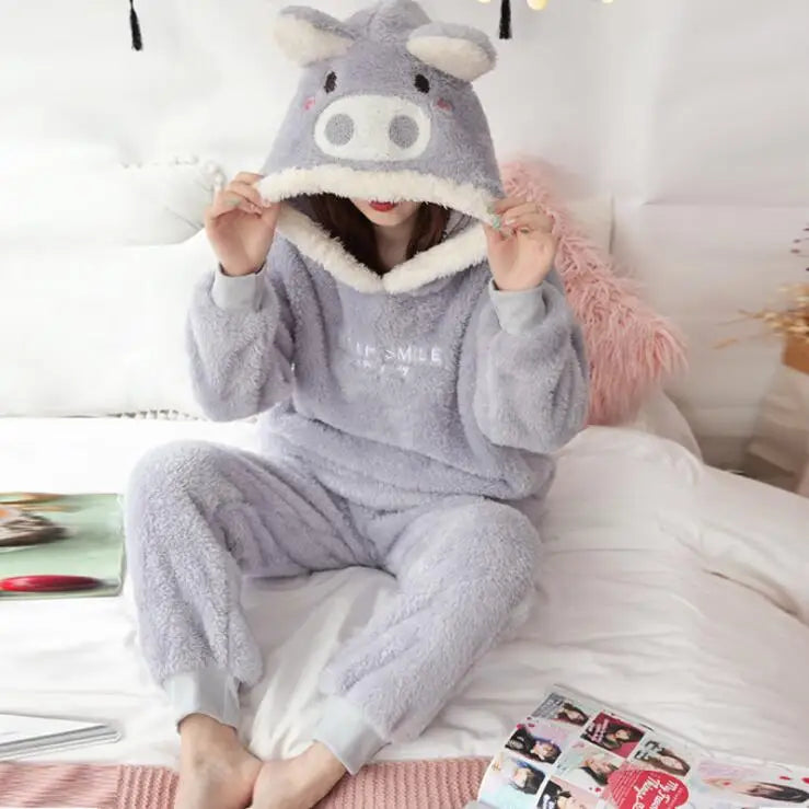 Winter Thick Warm Flannel Pajamas Sets For Women Sleepwear Pajama Homewear Pyjamas Set Cartoon Cute Warm Hooded Rabbit Gowns