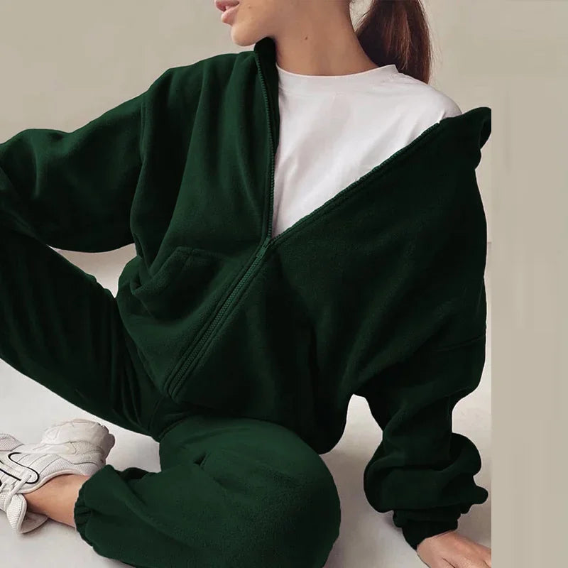 Women Tracksuit Autumn Winter Fleece Two Piece Sets Elegant Solid Oversized Warm Hoodies+Long Pant Sports Suit Ensemble Femme