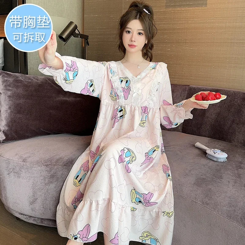 Maxy 150Kg Large Size Sweet Nightgown with Chest Pads Women Autumn Spring Long-sleeved Pajamas Loose Fattened Loungewear Sleep Dress