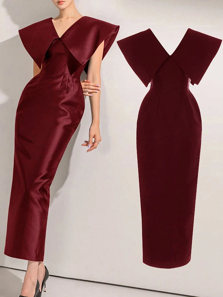 Maxy New In Dresses Stylish Solid Red Elegant Maxy Long Dresses V-neck Women's Summer Dress Fitting Party Dresses Female Clothing