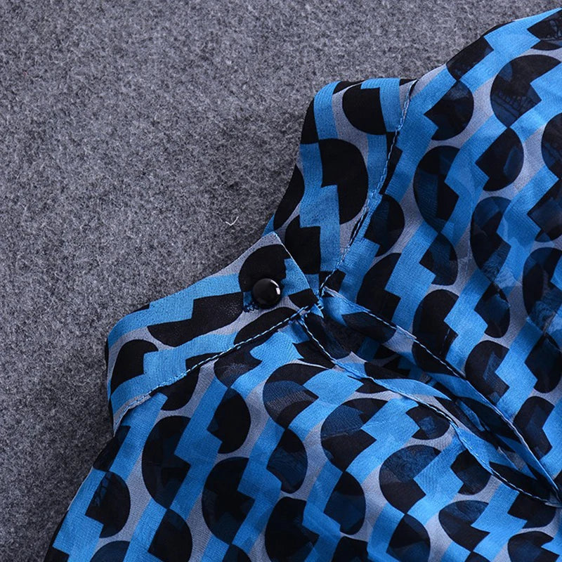 Maxy Print Dress For Women Stand Collar Long Sleeve High Waist Hit Color Hollow Out Midi Dresses Female Fashion Clothes