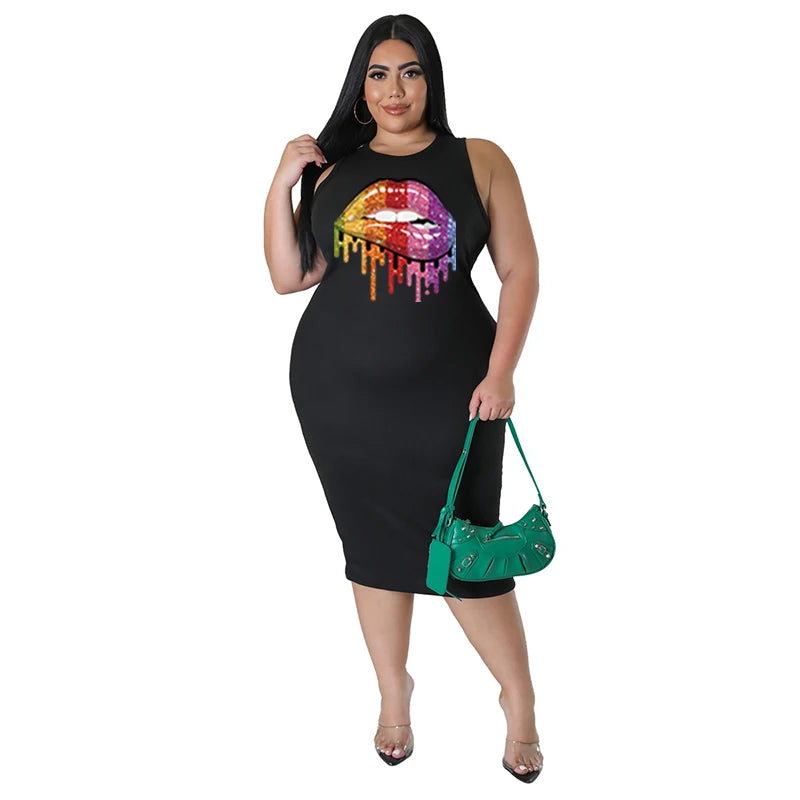 Wmstar Plus Size Dress for Women Clothing Summer Lip Print Bodycon Stretch Elegant Maxi Dresses Women Wholesale Dropshiping