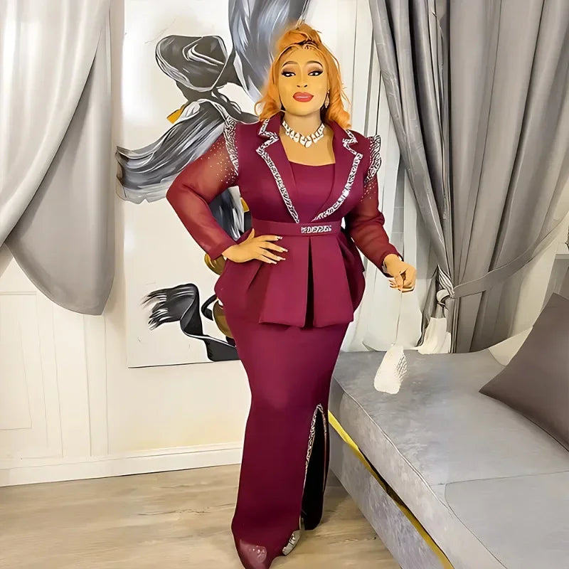 Maxy Luxury African Dress for Women Elegant Square Neck Diamond Full Sleeve Belt Waisted Side Split Floor Length Birthday Dress