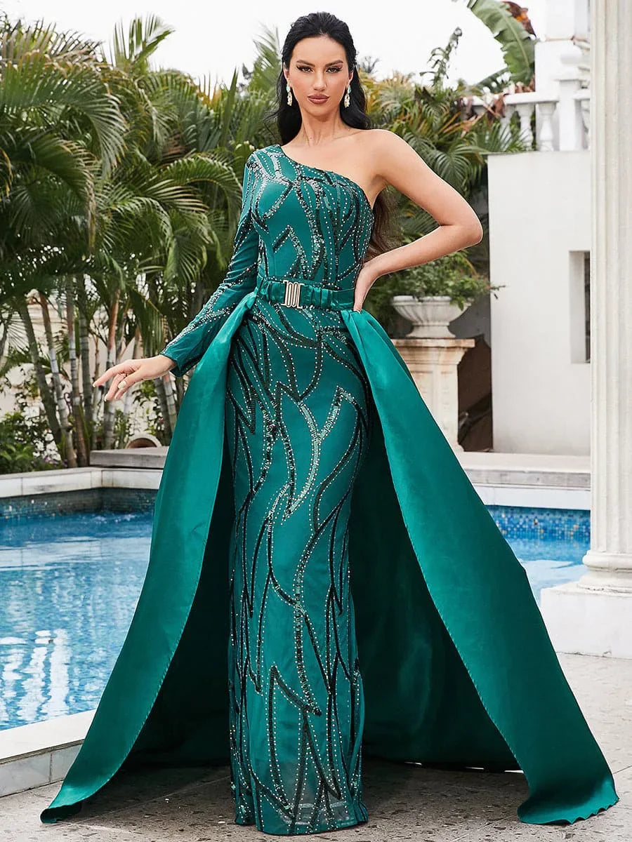Maxy Delicate One Shoulder Sequins Evening Party Dress for Women Elegant Long Sleeve Open Back Host Prom Swing Dress Floor Length