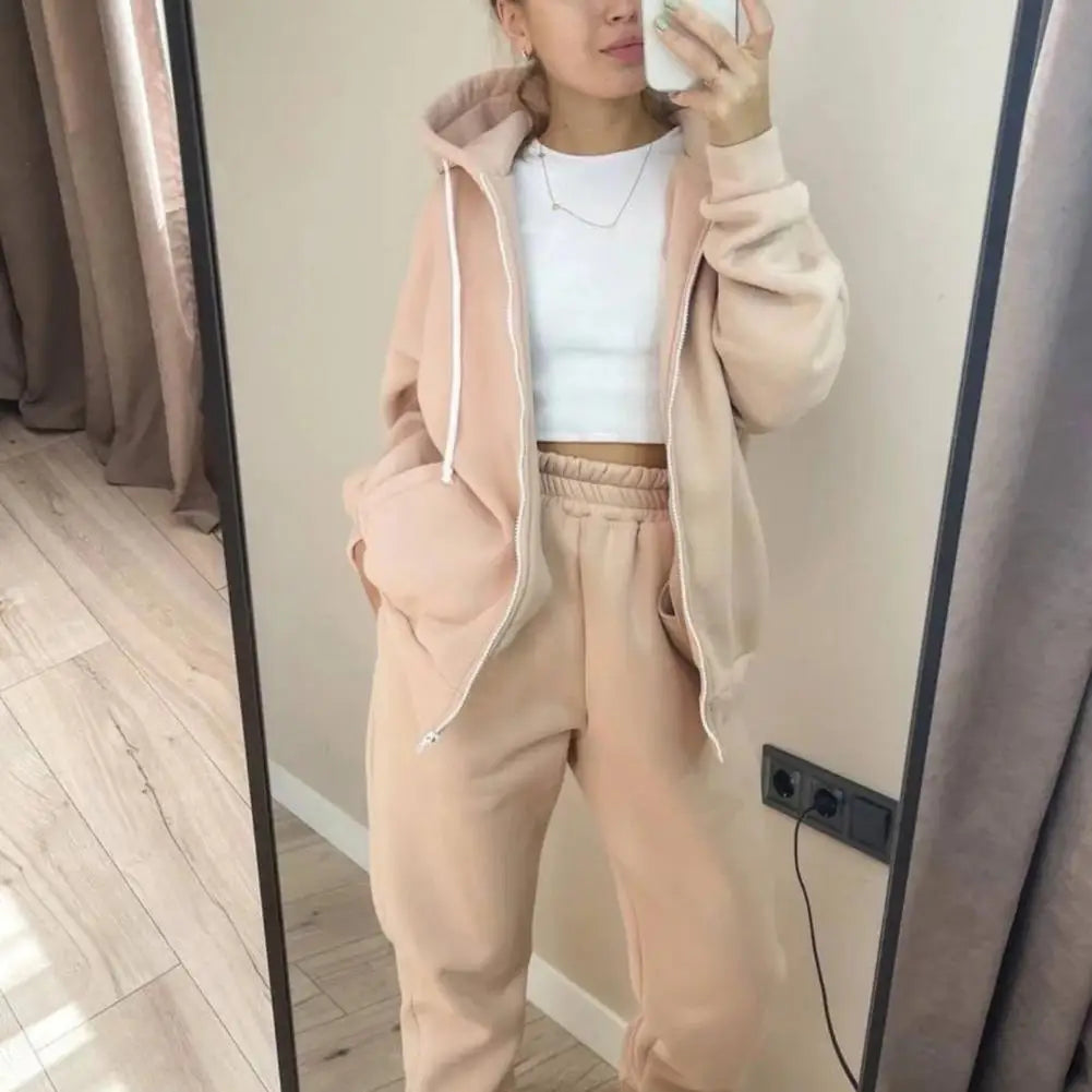 Tracksuit Women Fleece Coats Two Piece Sets Solid Color Sweatshirts Trouser Suit Female Casual Warm Sports Outfits chandal mujer