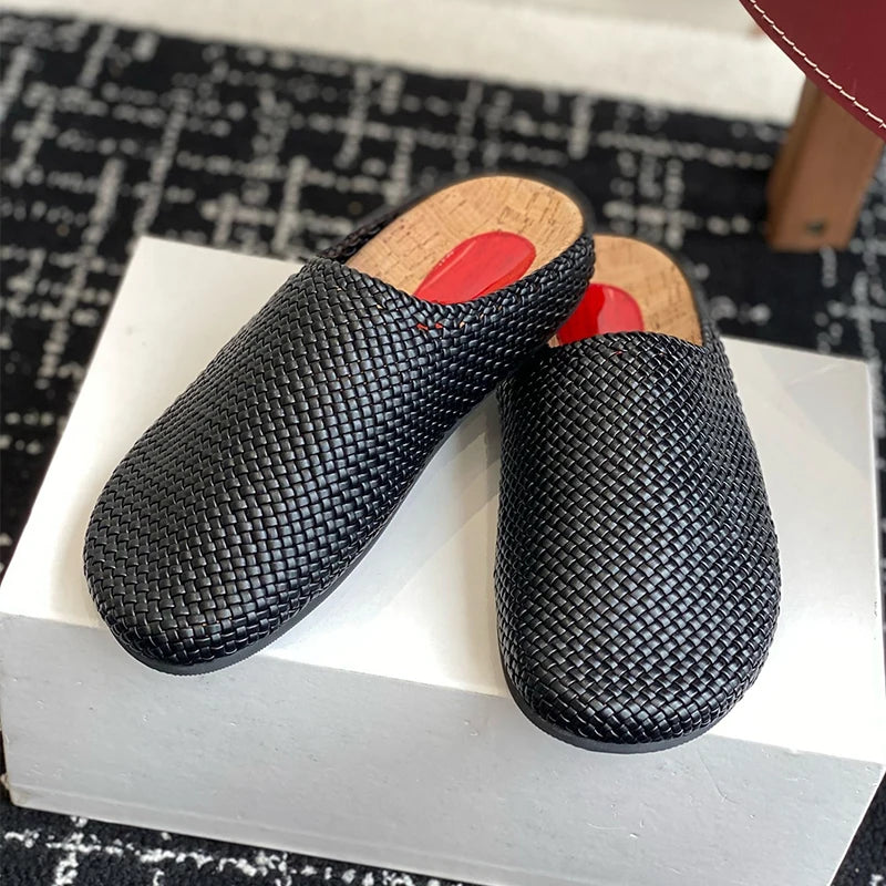 Maxy Genuine Leather Weaving Design Half Slippers Women Closed Toe Fashion Flat Bottom Slippers Spring Autumn Outdoor Versatile Mules