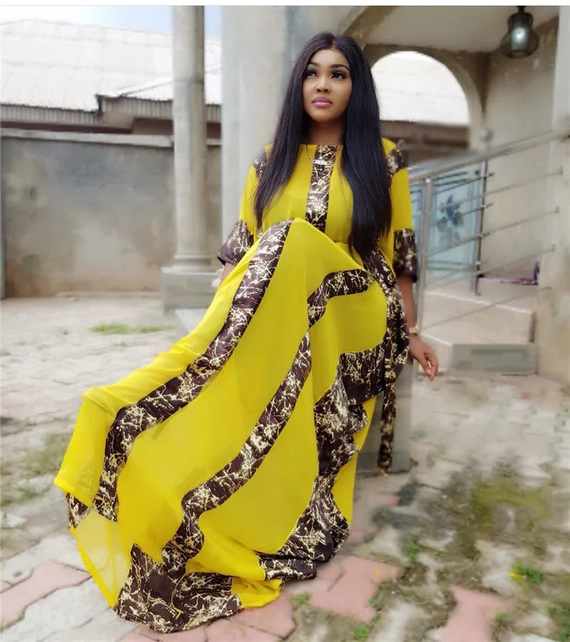 Maxy Abaya For Women Muslim Chiffon Printed   Bat-Sleeve Stripe Long Dresses With Belt Summer Gorgeous Dashiki  Dress