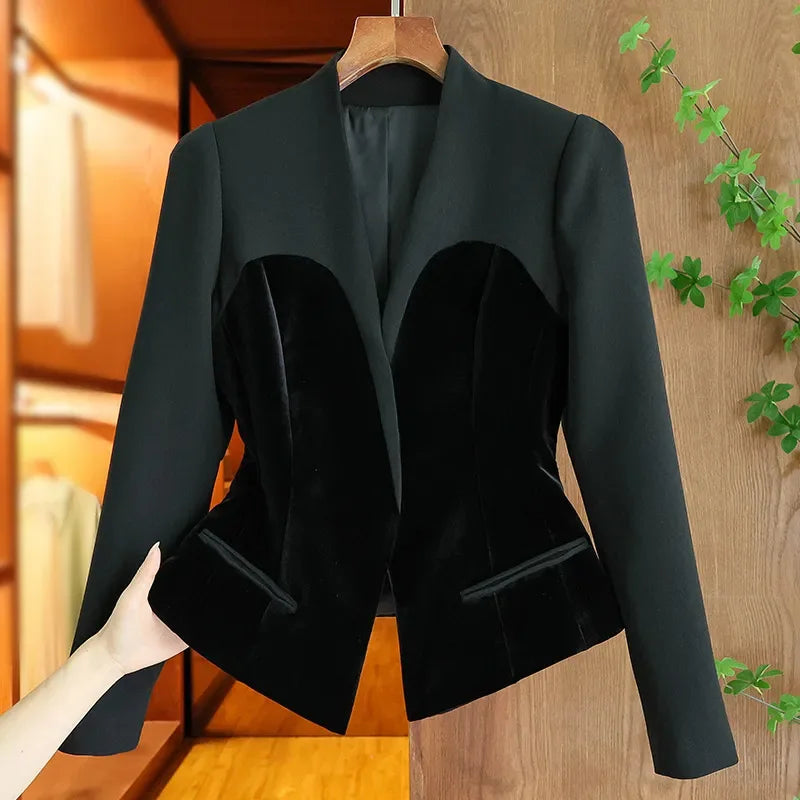 Maxy Fashion Fall Spring Autumn Brief Design Single Buttons Top Quality Black Velvet Basic Slim Women Blazers Casual Jackets Korean