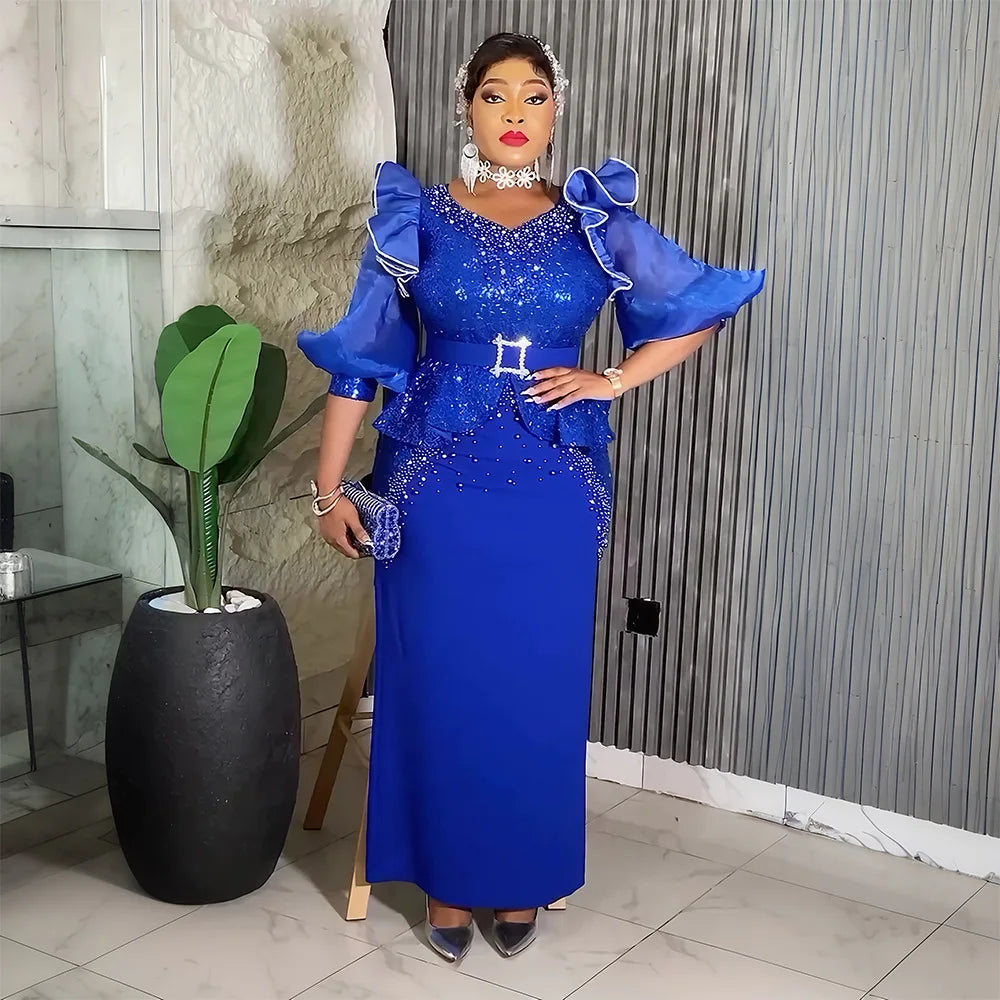 Maxy Dresses for Women Plus Size Ankara Dashiki Africa Clothing Sequin Evening Wedding Party Gown Abaya Turkey Kaftan Outfits