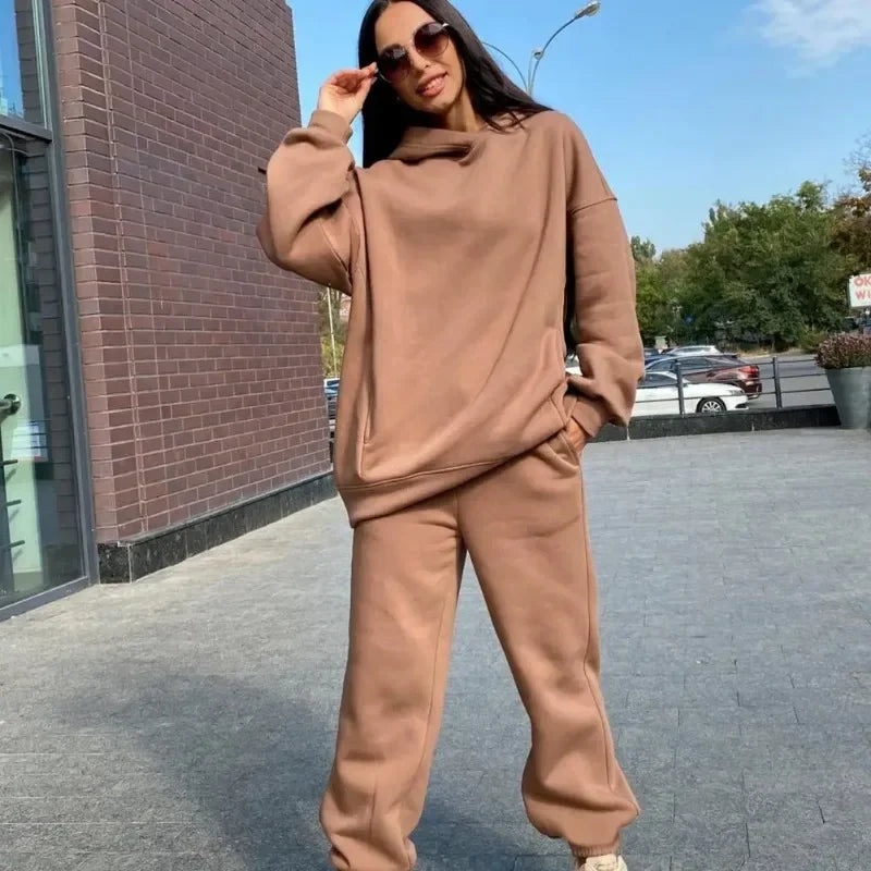 Maxy Winter Tracksuit Women Two Piece Set Solid Warm Suits Hoodies Sweatpants Oversized Pullovers Long Pant Sportswear