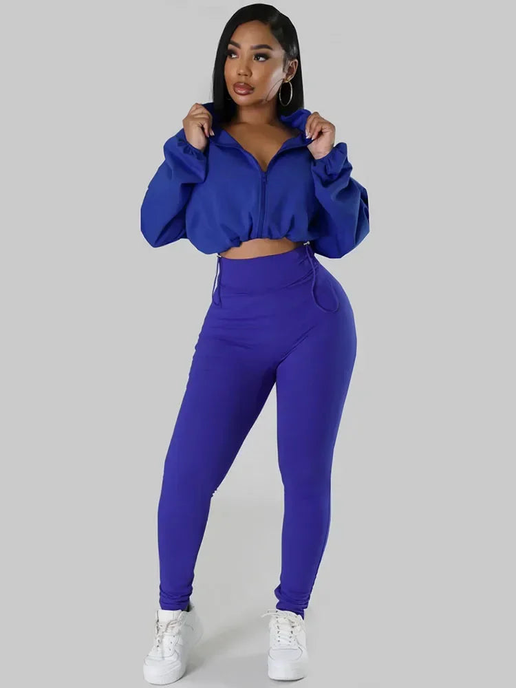 Maxy Solid Sporty Two Piece Set for Women Tracksuit Casual Fitness Workout Zipper Bomber Jacket Top and Sweatpants Matching Sets