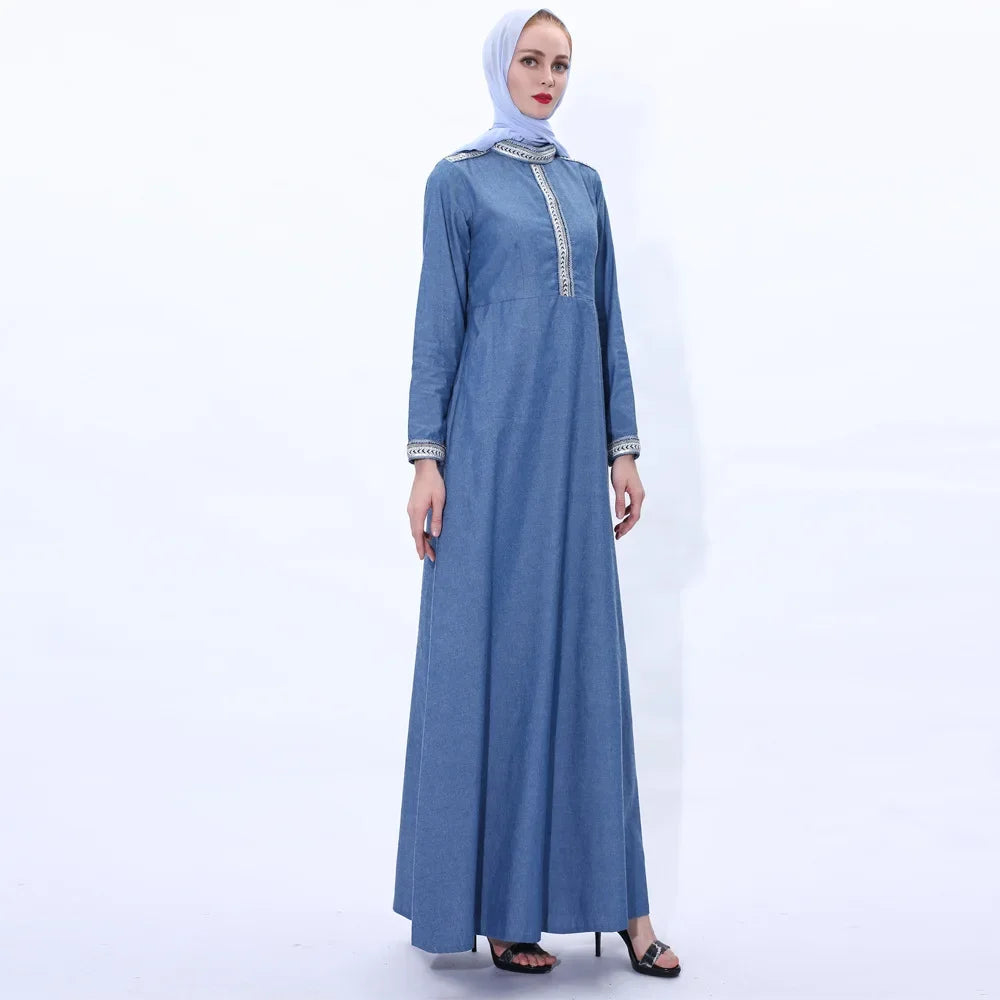 Maxy New Women Denim Long Dress Abaya Muslim Dubai Kaftan Islamic Robe Turkish Caftan Vintage Party Gown
